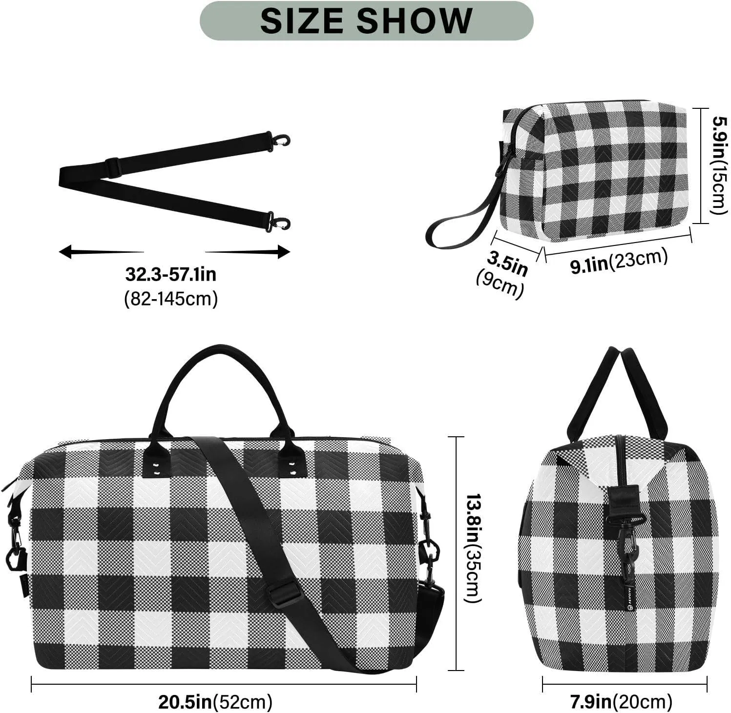 Aflyko Travel Duffel Bag Gingham Plaid Black White Sport Tote Gym Bag Weekender Overnight Bag for Men Women Flight Approved Carry On Bag Fitness Dance Go-To Bag Daily Bag, Medium