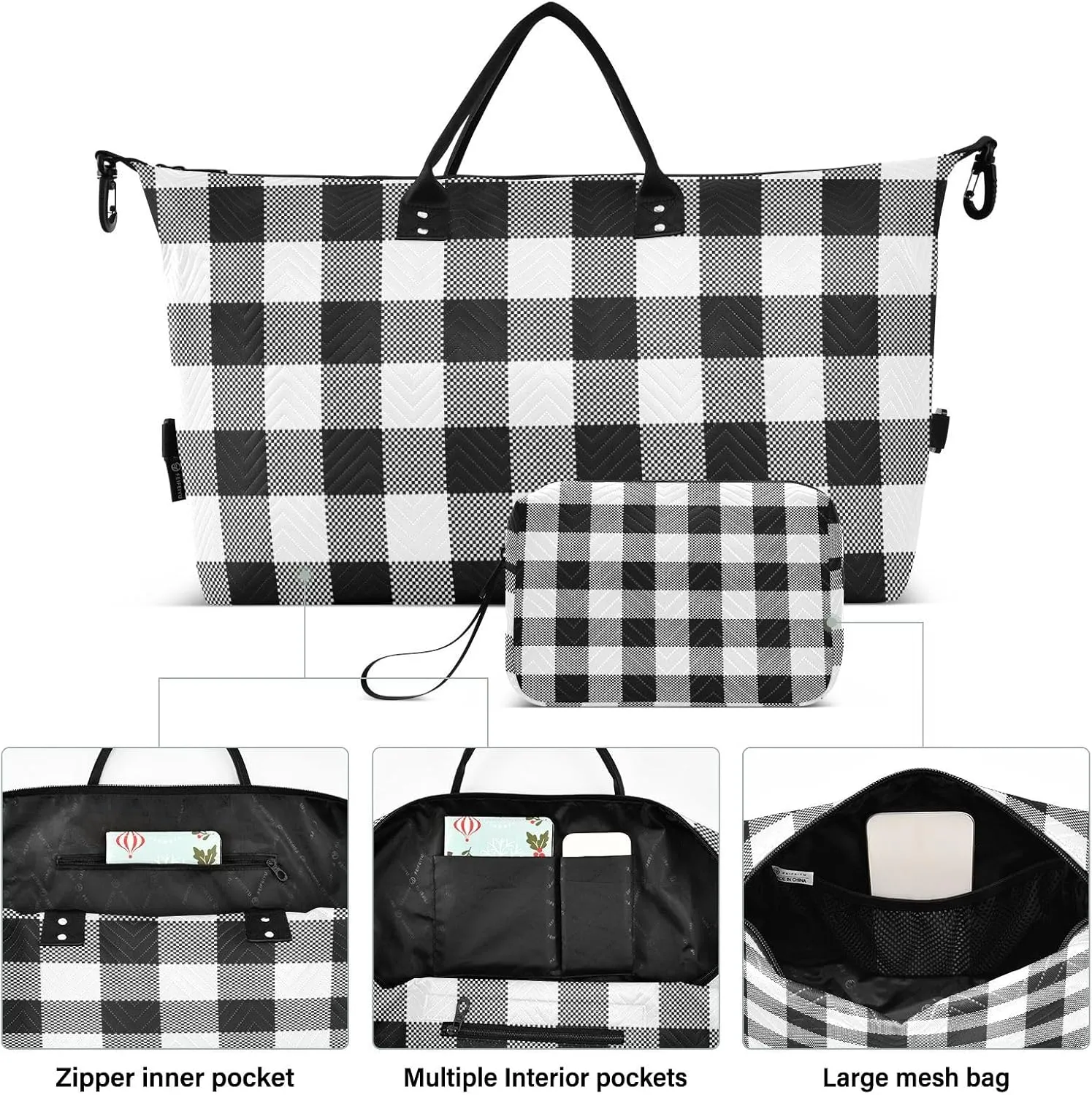 Aflyko Travel Duffel Bag Gingham Plaid Black White Sport Tote Gym Bag Weekender Overnight Bag for Men Women Flight Approved Carry On Bag Fitness Dance Go-To Bag Daily Bag, Medium