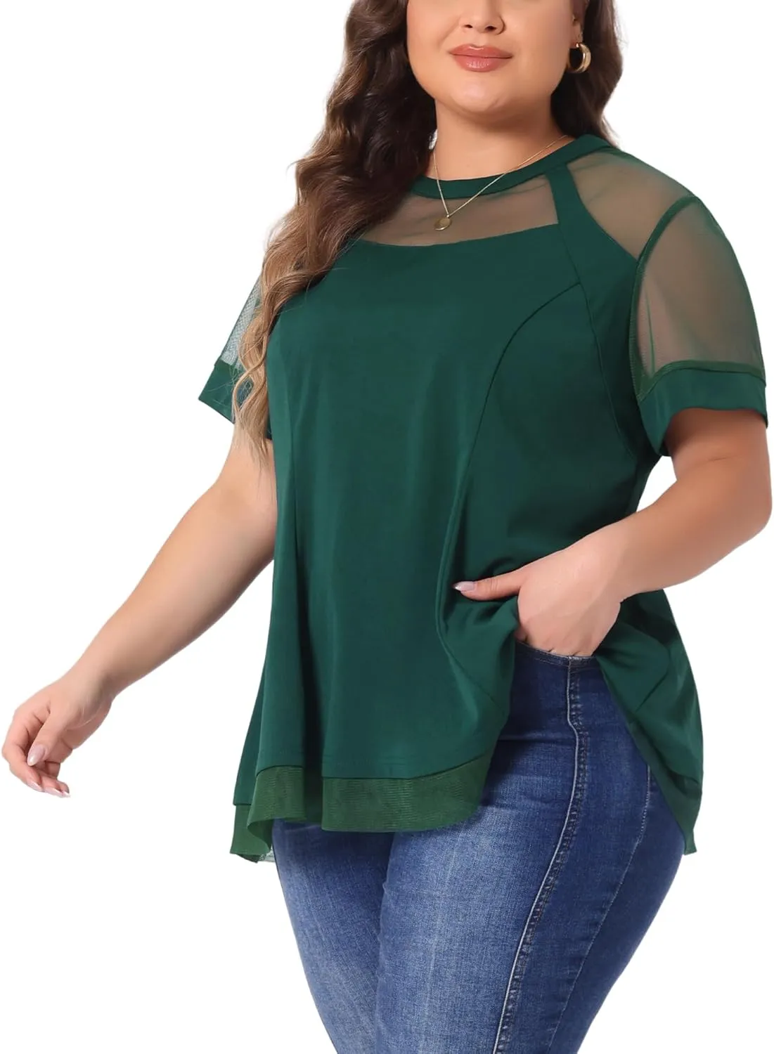 Agnes Orinda Plus Size Women's Round Neck Peplum Short Sleeve Shirts Mesh Sheer Blouses Summer Tops