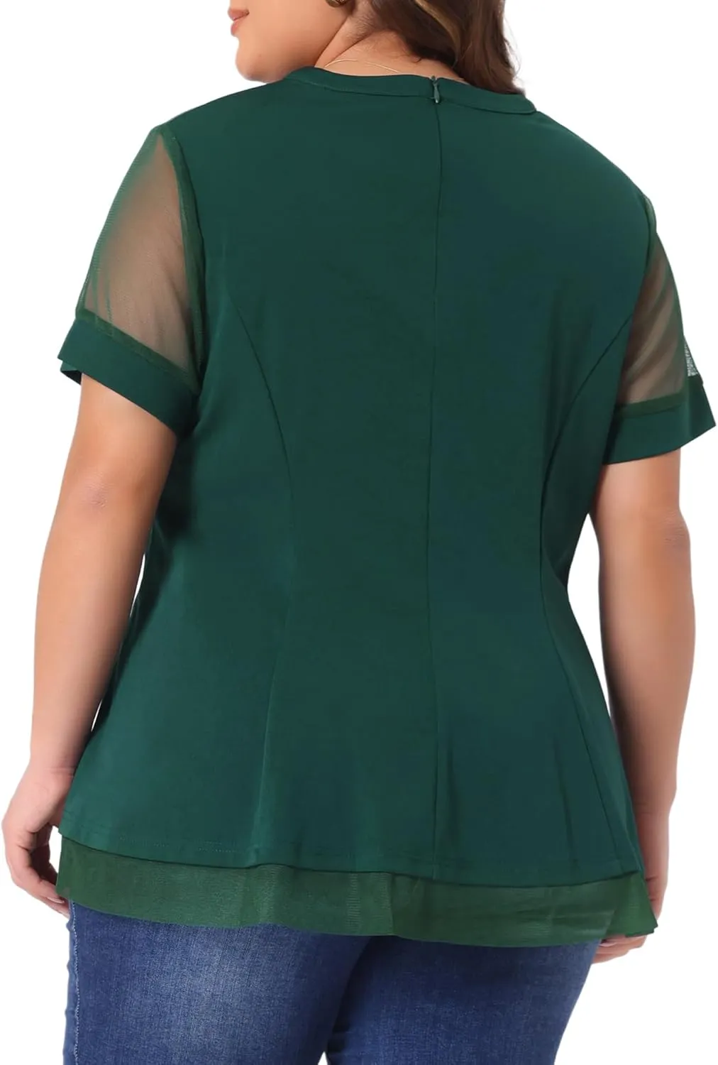 Agnes Orinda Plus Size Women's Round Neck Peplum Short Sleeve Shirts Mesh Sheer Blouses Summer Tops