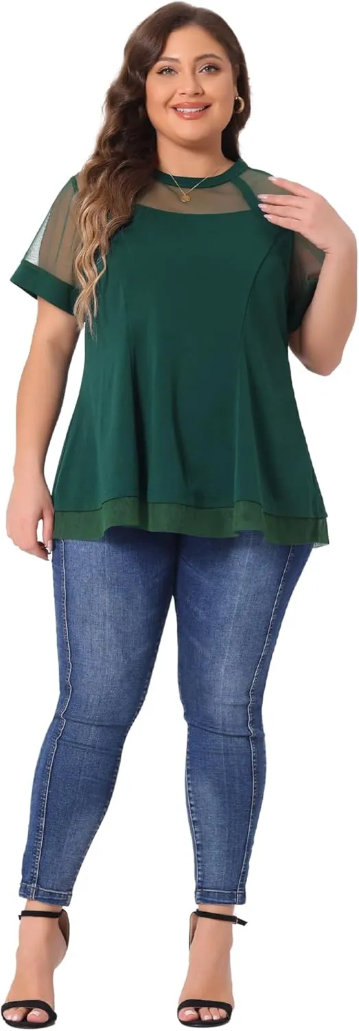 Agnes Orinda Plus Size Women's Round Neck Peplum Short Sleeve Shirts Mesh Sheer Blouses Summer Tops