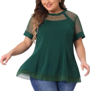 Agnes Orinda Plus Size Women's Round Neck Peplum Short Sleeve Shirts Mesh Sheer Blouses Summer Tops