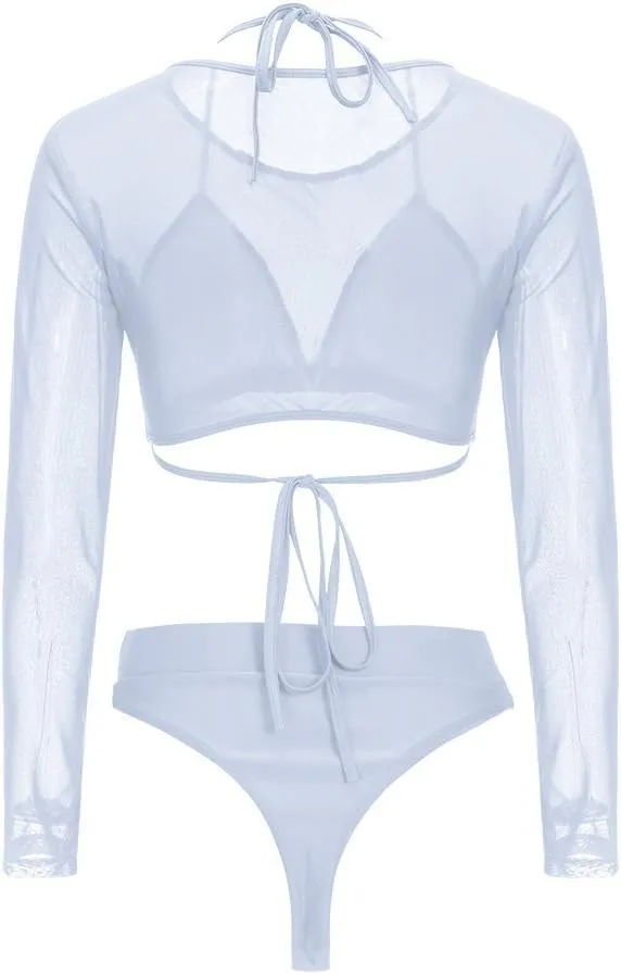 ALBIZIA Women's Triangle High Waist Bikini Set Swimsuit with Mesh Cover up High Cut Swimwear