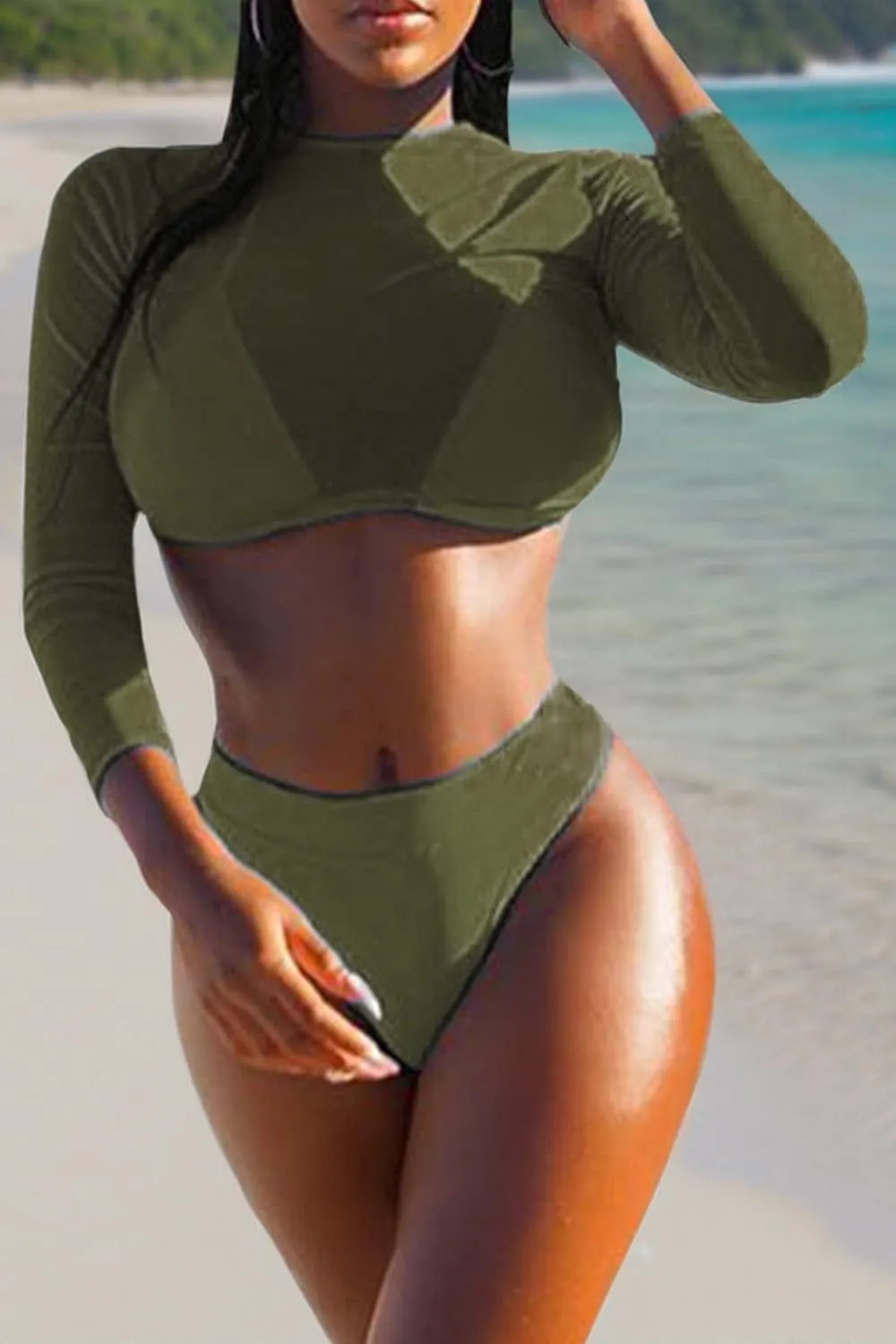 ALBIZIA Women's Triangle High Waist Bikini Set Swimsuit with Mesh Cover up High Cut Swimwear