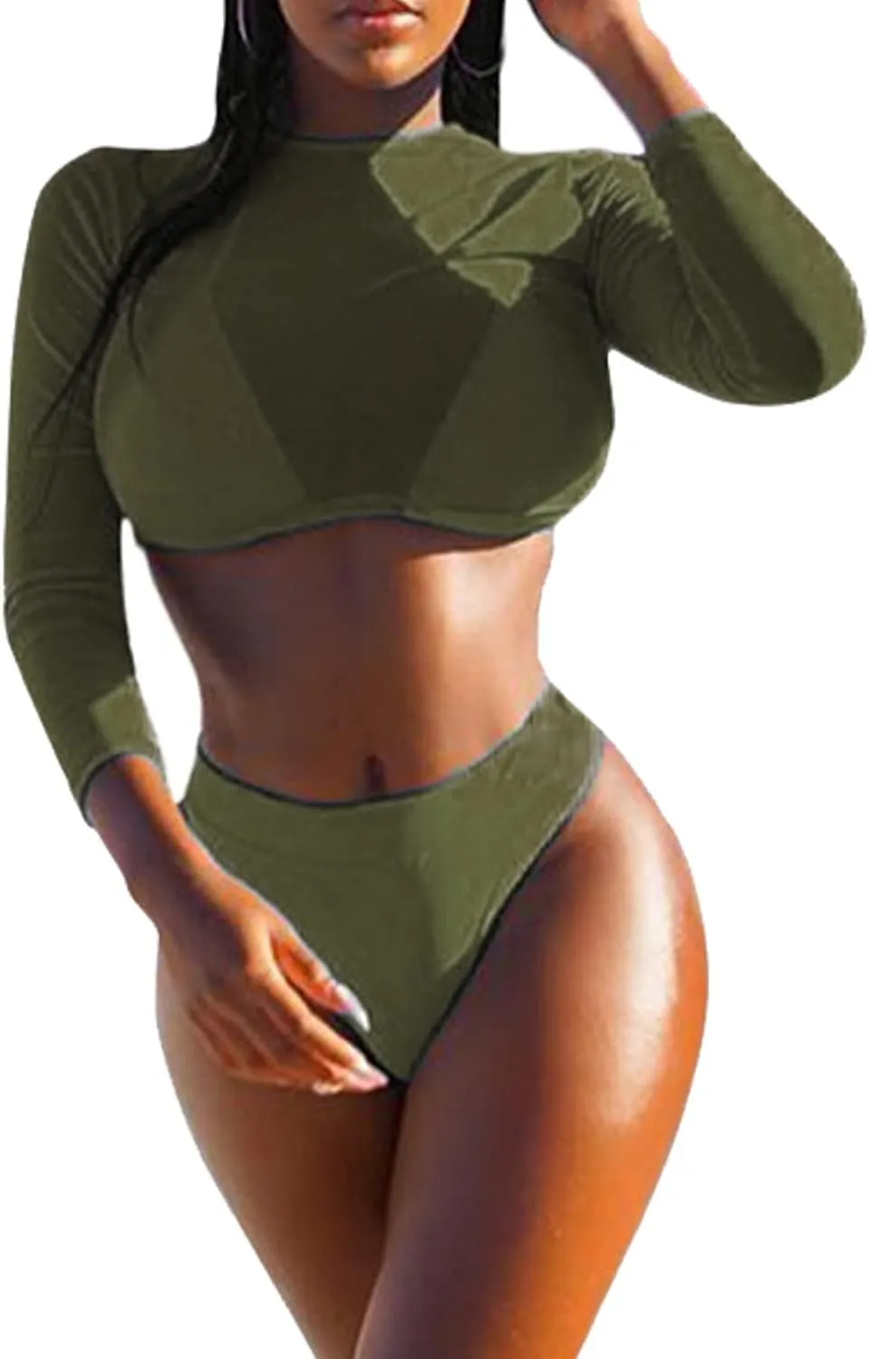 ALBIZIA Women's Triangle High Waist Bikini Set Swimsuit with Mesh Cover up High Cut Swimwear
