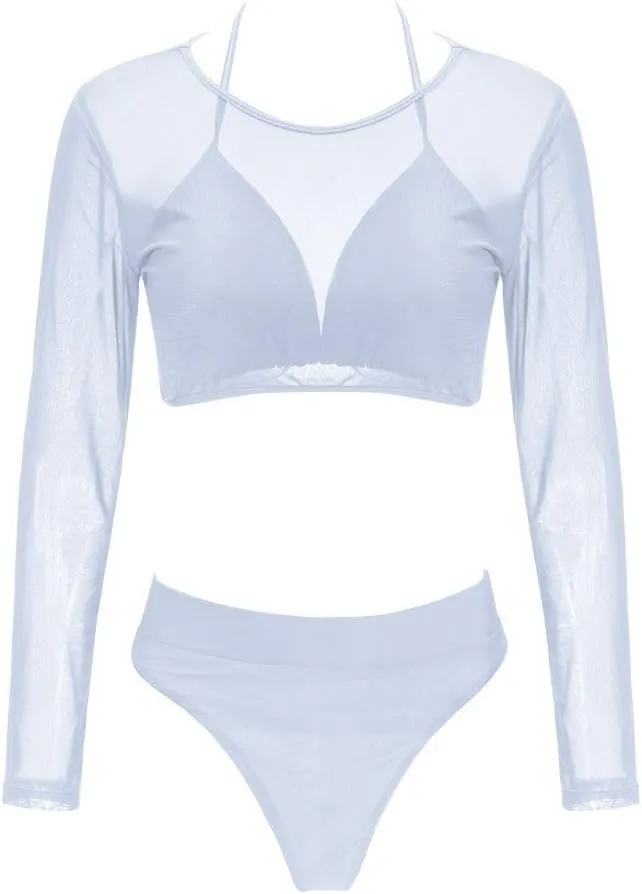 ALBIZIA Women's Triangle High Waist Bikini Set Swimsuit with Mesh Cover up High Cut Swimwear