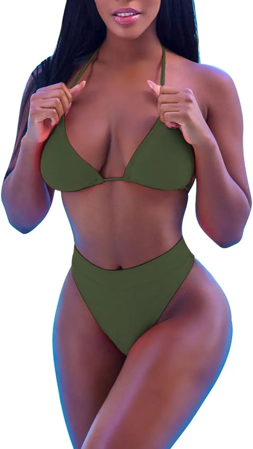 ALBIZIA Women's Triangle High Waist Bikini Set Swimsuit with Mesh Cover up High Cut Swimwear