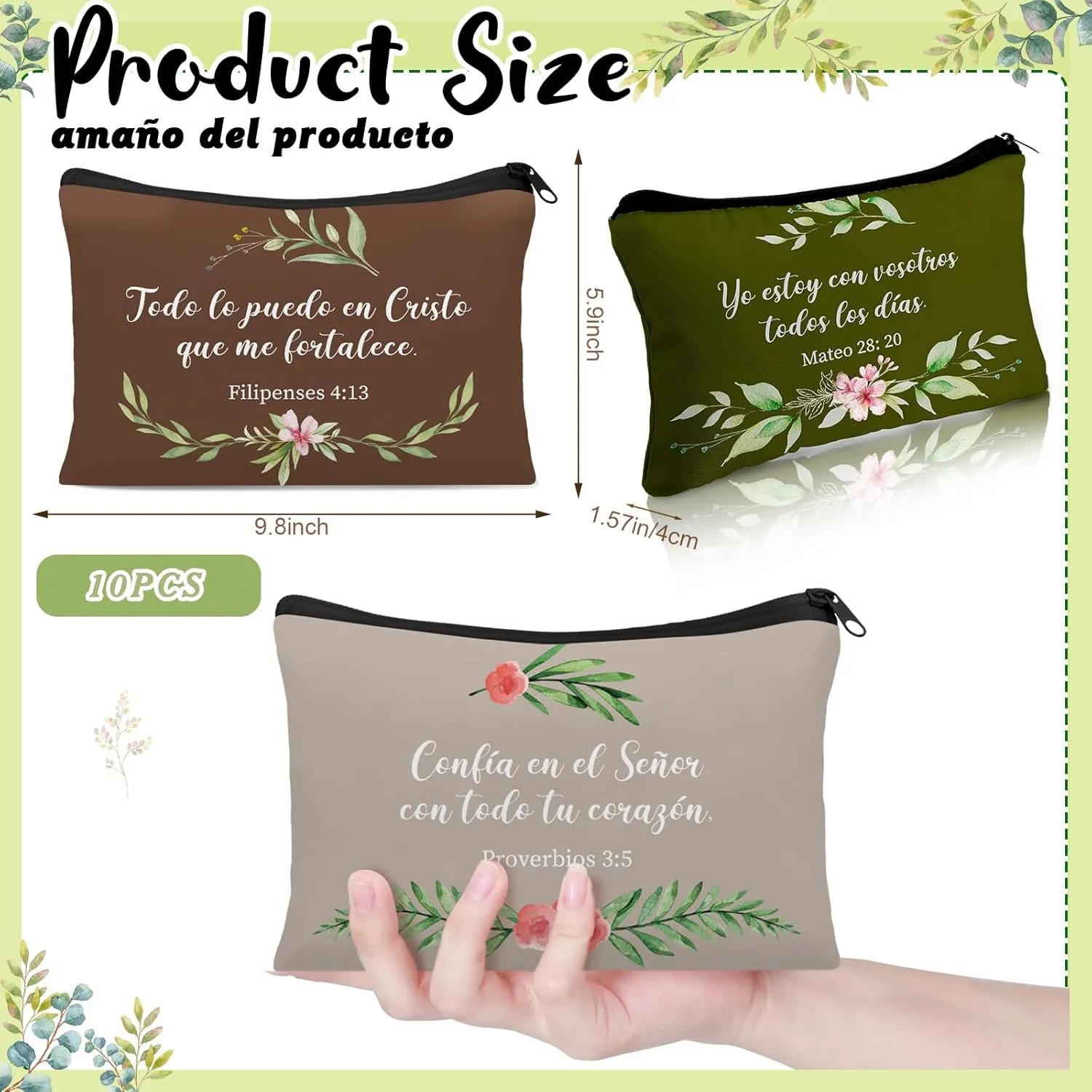 Aliceset 10 Pcs Spanish Christian Gift Makeup Bags Bulk for Women Regalos Cristianos En Español Mother Church Gifts Canvas Bible Verse Cosmetic Bags Inspirational Religious(Morandi)