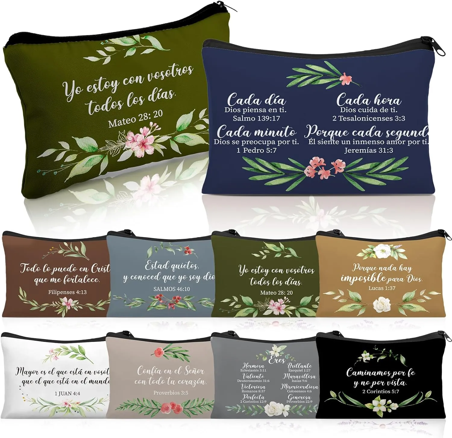 Aliceset 10 Pcs Spanish Christian Gift Makeup Bags Bulk for Women Regalos Cristianos En Español Mother Church Gifts Canvas Bible Verse Cosmetic Bags Inspirational Religious(Morandi)