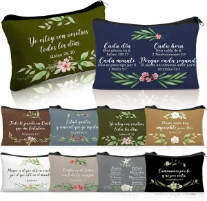 Aliceset 10 Pcs Spanish Christian Gift Makeup Bags Bulk for Women Regalos Cristianos En Español Mother Church Gifts Canvas Bible Verse Cosmetic Bags Inspirational Religious(Morandi)