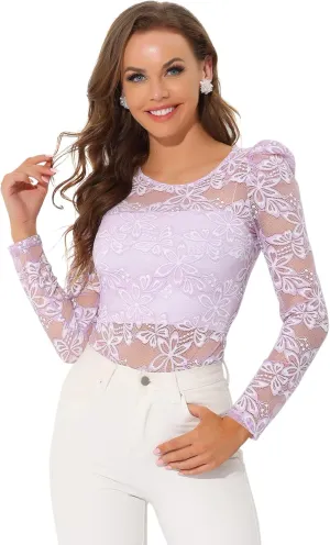Allegra K Women's Long Sleeve Lace Top Mesh Sheer Fitted Elegant Blouse