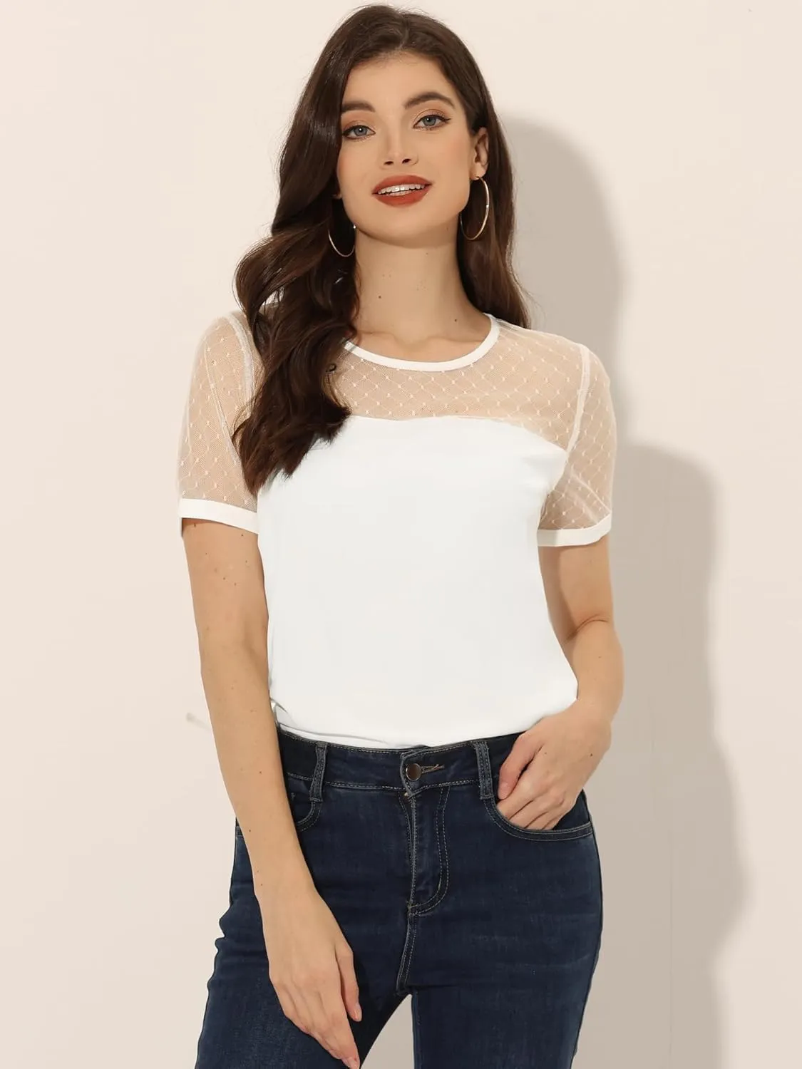 Allegra K Women's Mesh Panel Top Round Neck Chiffon Sheer Sleeve Blouse