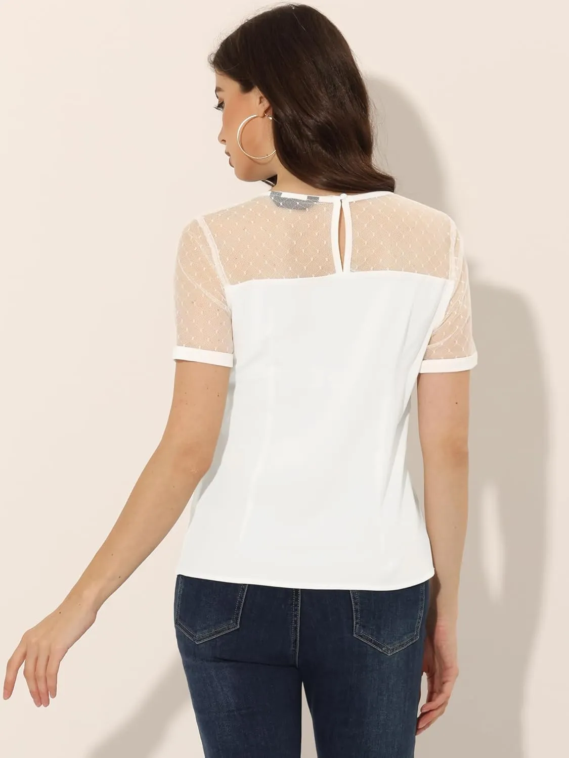 Allegra K Women's Mesh Panel Top Round Neck Chiffon Sheer Sleeve Blouse
