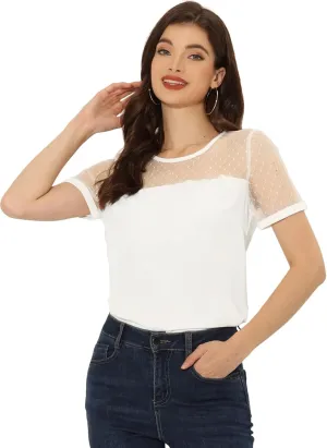 Allegra K Women's Mesh Panel Top Round Neck Chiffon Sheer Sleeve Blouse