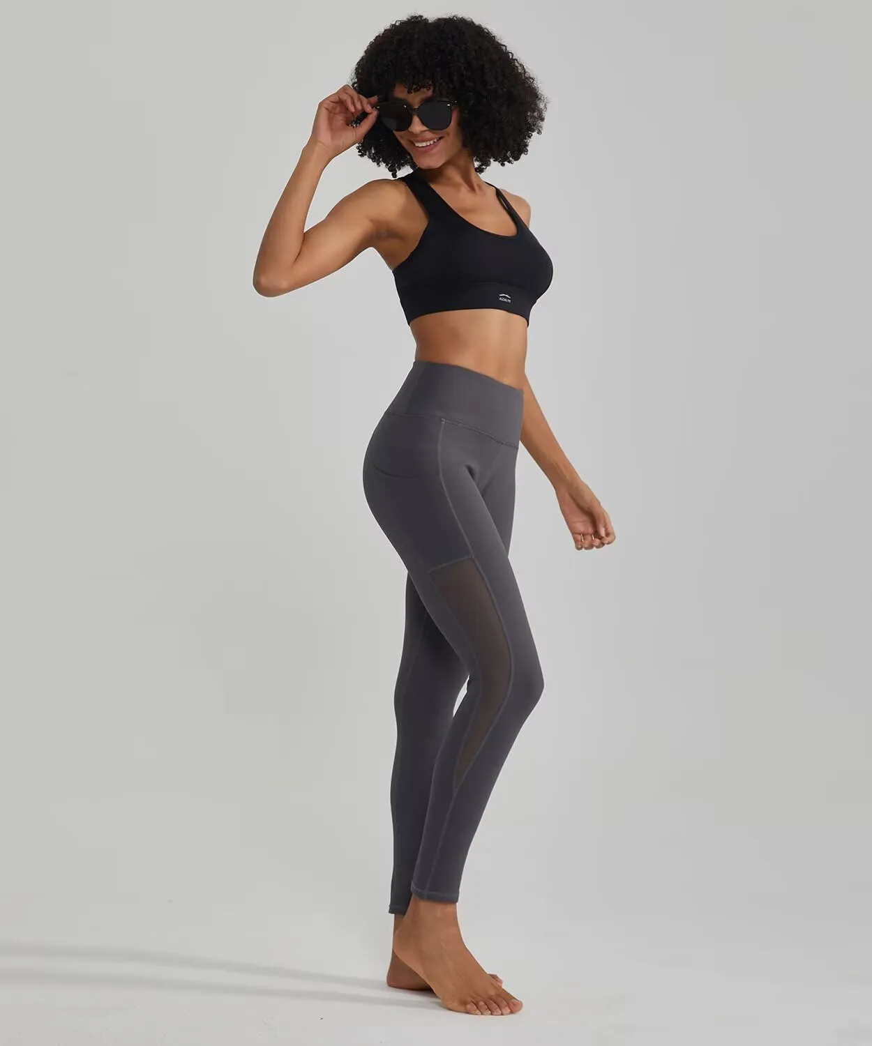 ALONG FIT Women's Mesh Yoga Leggings with Side Pockets Tummy Control Workout Running Capris High Waist Yoga Pants