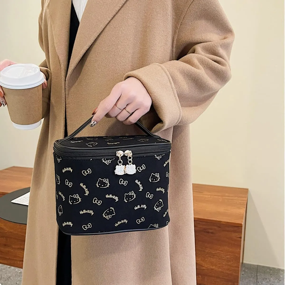 AmBealla Make up Bag Travel Cosmetic Bags Brush Holder Zipper Pouch Case Organizer Cute Organizer Suitable for Purse for Women (Black Bucket Bag)