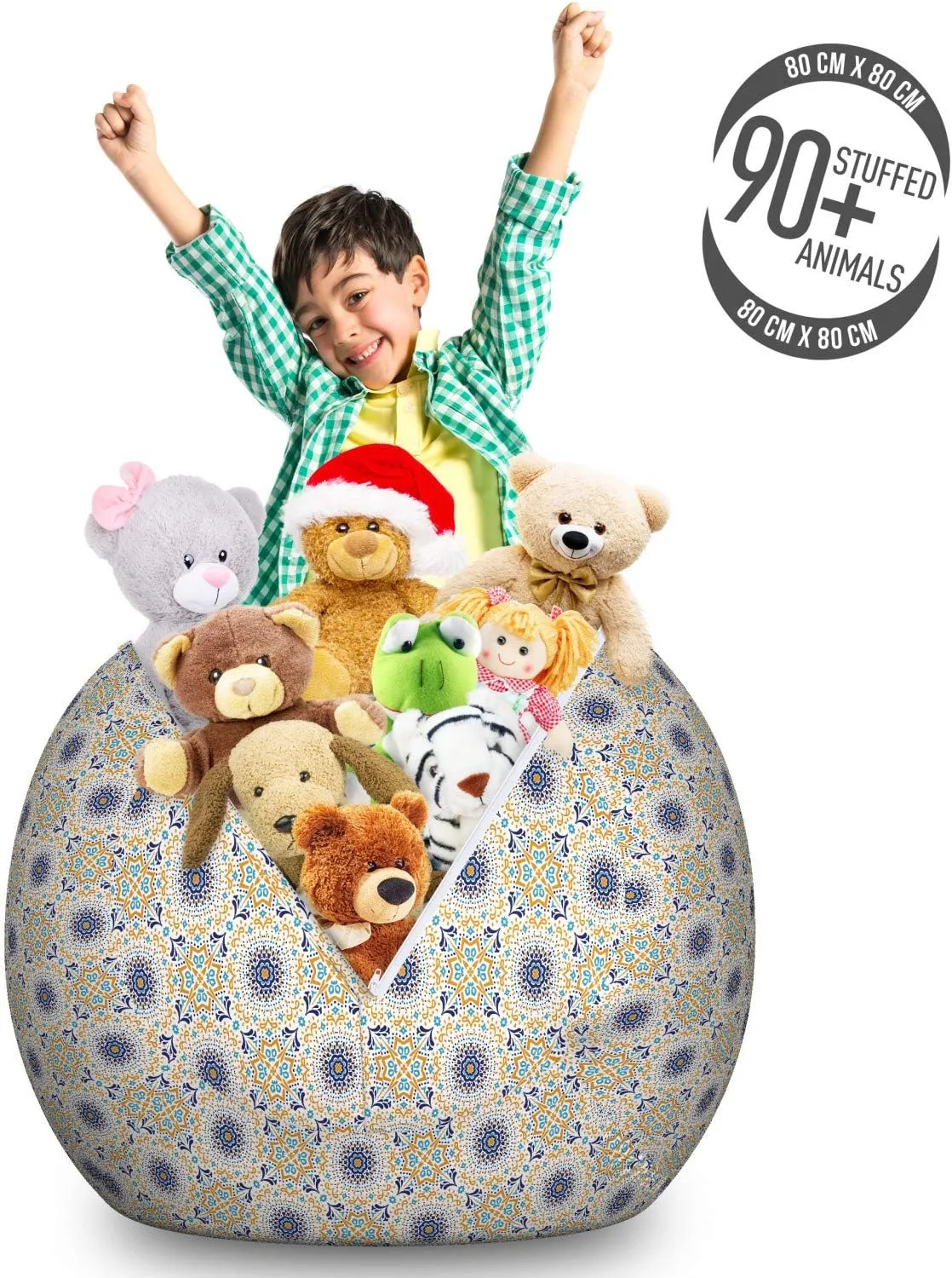 Ambesonne Boho Storage Toy Bag Chair, Floral Medallion Small Detailed Ornament Repetition Themed Art, Stuffed Animal Organizer Washable Bag, Large Size, Dark Yellow Indigo