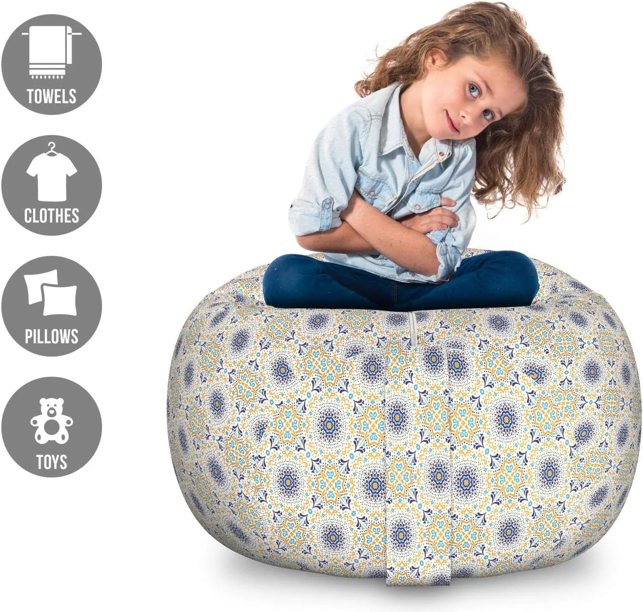 Ambesonne Boho Storage Toy Bag Chair, Floral Medallion Small Detailed Ornament Repetition Themed Art, Stuffed Animal Organizer Washable Bag, Large Size, Dark Yellow Indigo