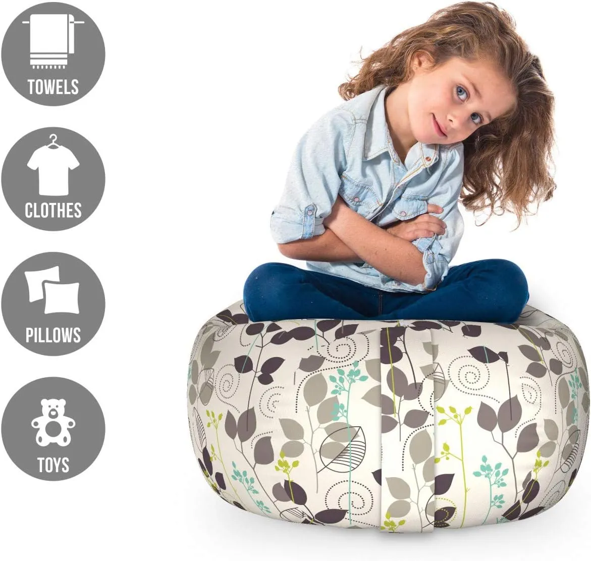 Ambesonne Floral Storage Toy Bag Chair, Doodle Leaves Earthen Toned Leaf Branches Autumn Beauty Season Theme, Stuffed Animal Organizer Washable Bag, Small Size, Dark Taupe Coconut