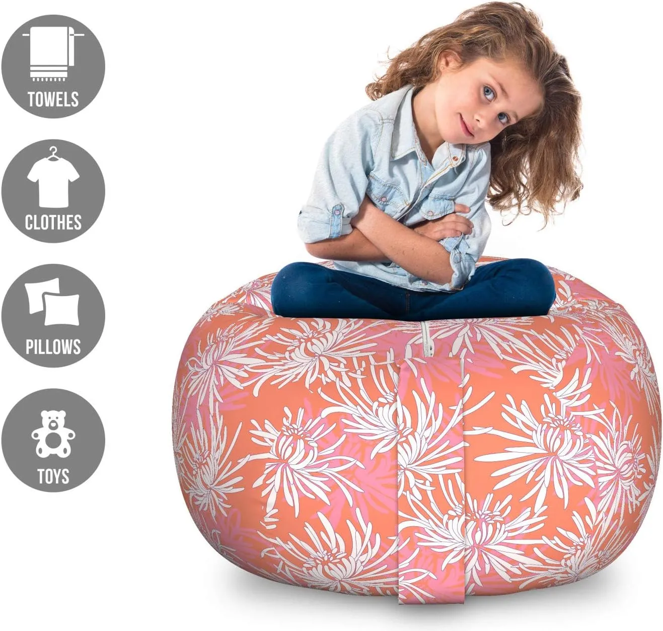 Ambesonne Floral Storage Toy Bag Chair, Hand Drawn Interpretation of Chrysanthemum Flowers, Stuffed Animal Organizer Washable Bag, Large Size, Burnt Sienna Pink