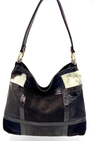Amelia Cowhide Patchwork Hobo Bag Brown Croc
