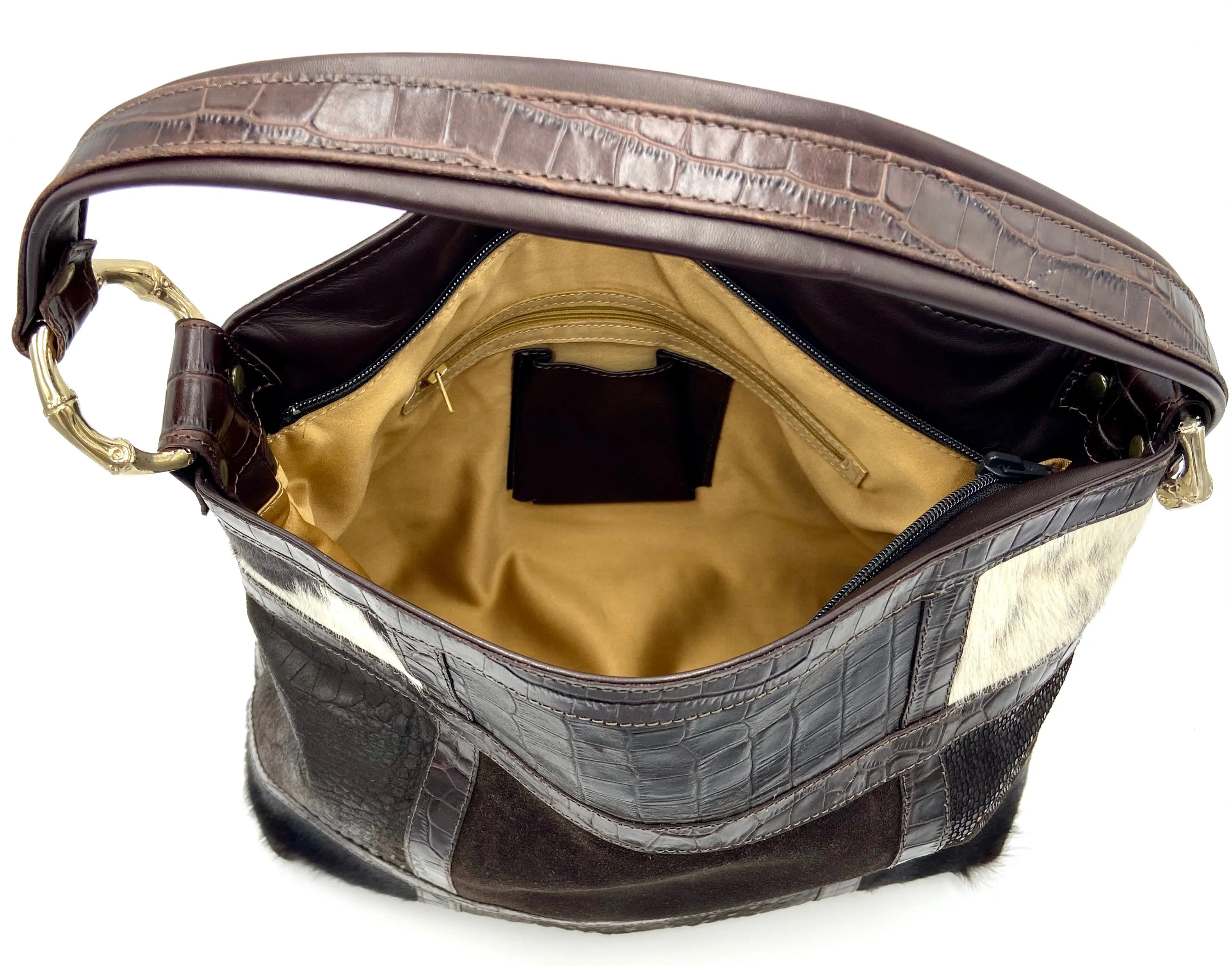 Amelia Cowhide Patchwork Hobo Bag Brown Croc