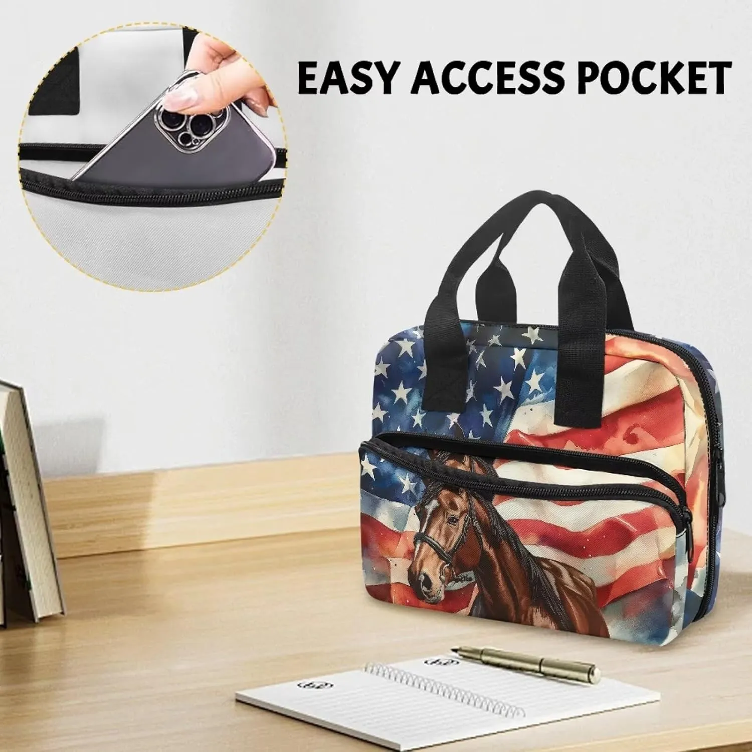 American Flag Horse Bible Cover for Women Bible Case Men Bible Book Cover with Handle Stylish Bible Carrying Case for Traveling and Hiking
