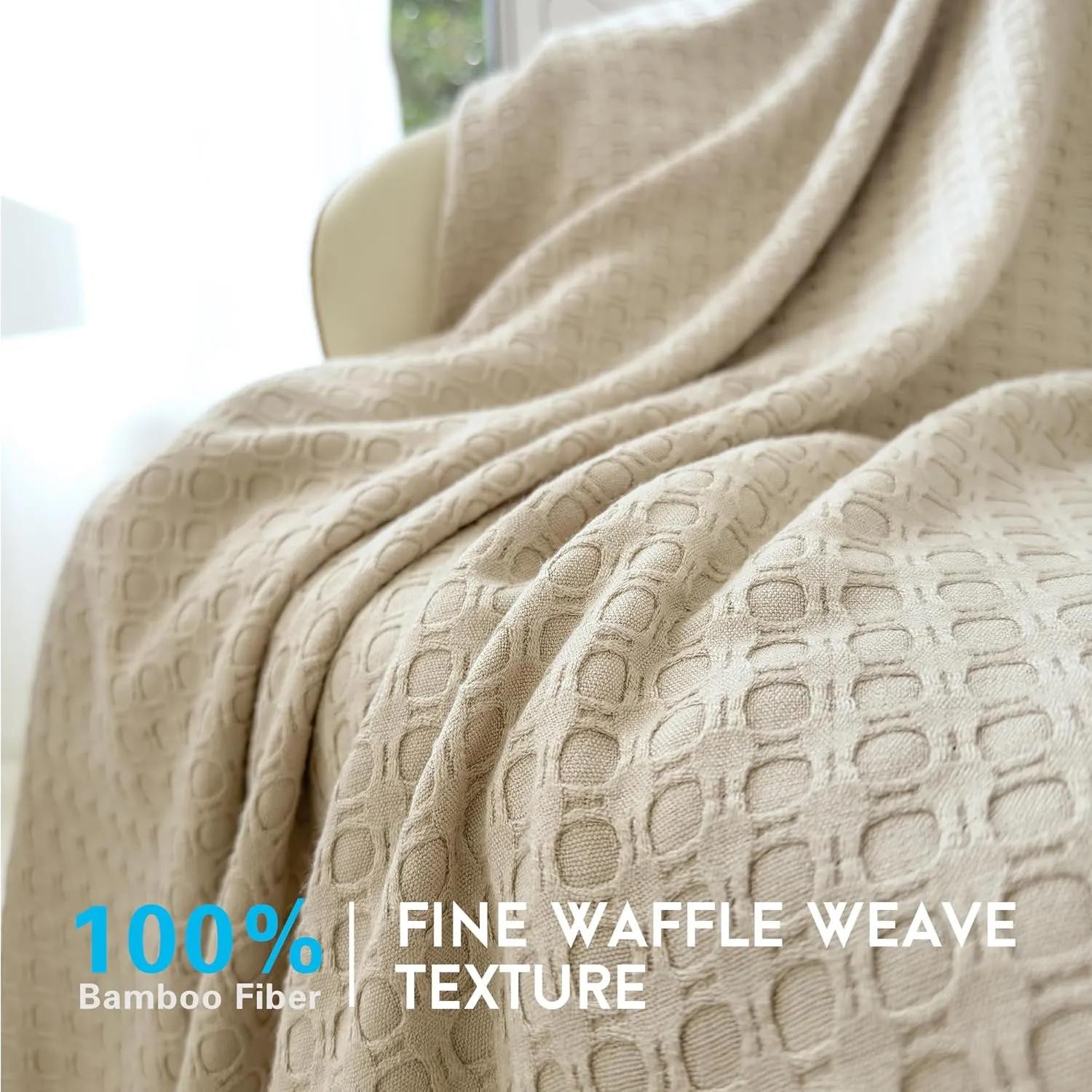 AmyHomie Cooling Blanket Queen Size, 100% Rayon Derived from Bamboo, Lightweight Cool Summer Blanket for Hot Sleepers Soft Comfy Waffle Blankets for All Seasons(90×90in,Khaki)
