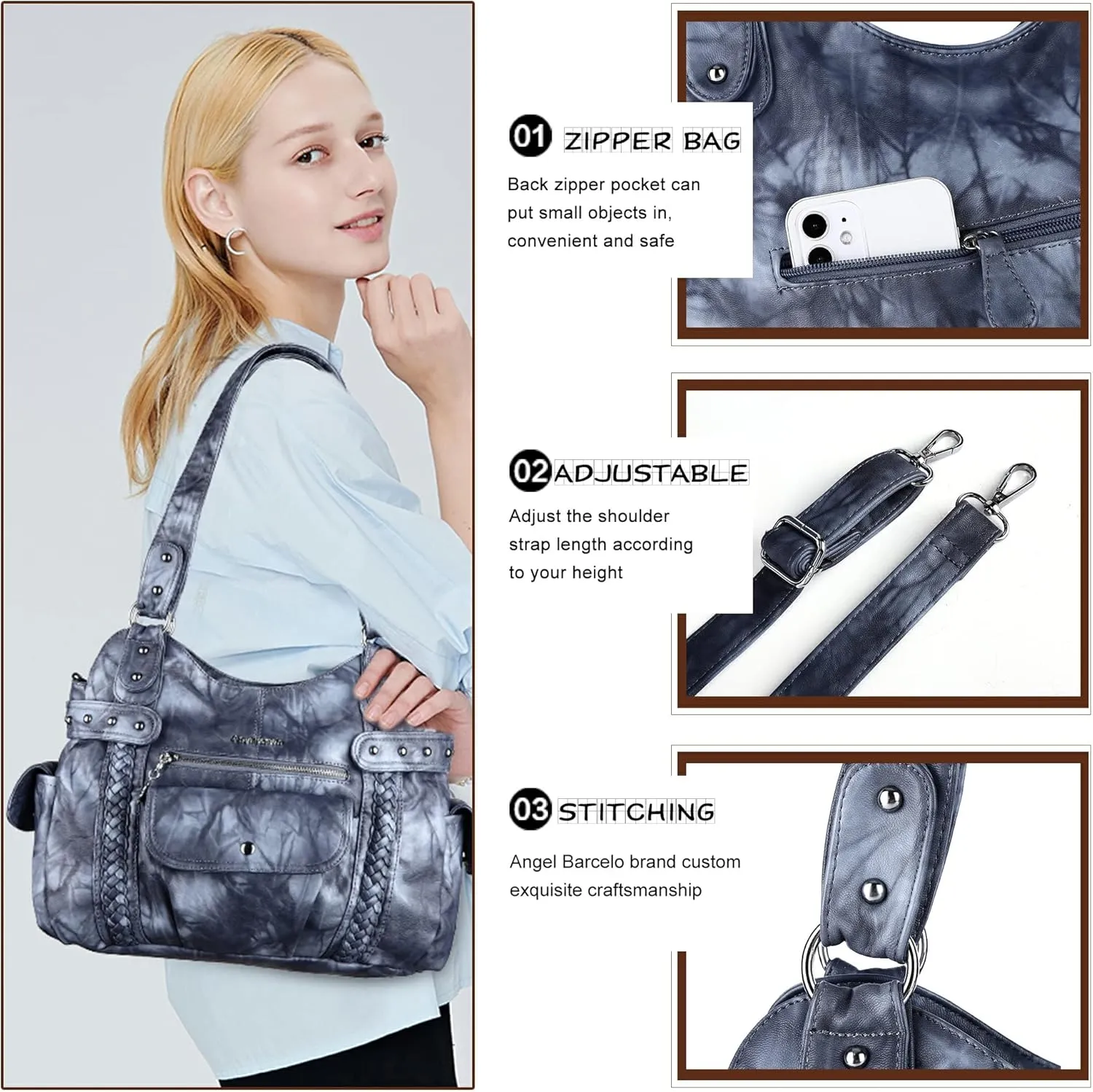 Angel Barcelo Roomy Fashion Hobo Womens Handbags Ladies Purse Satchel Shoulder Bags Tote Washed Leather Bag