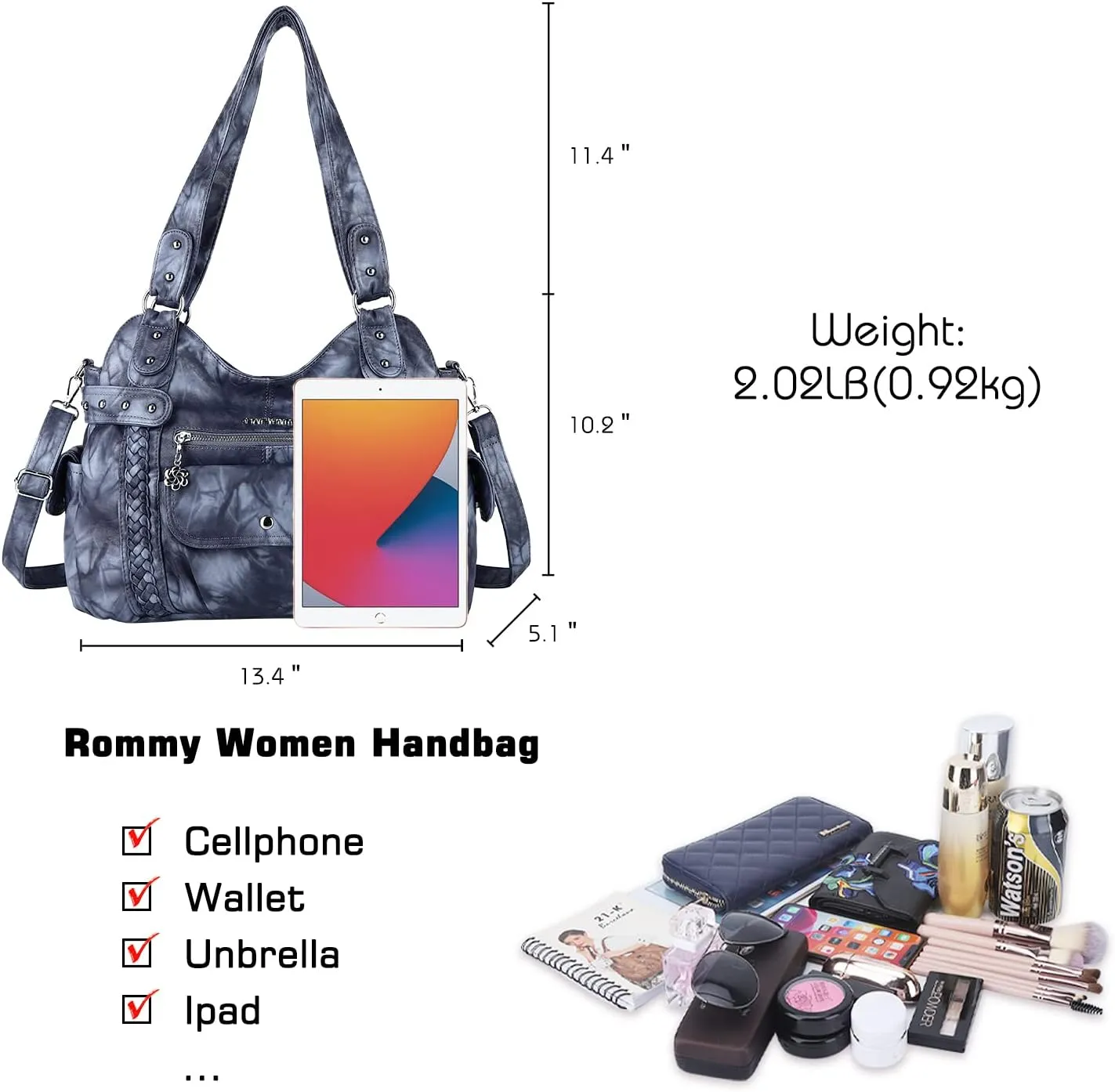 Angel Barcelo Roomy Fashion Hobo Womens Handbags Ladies Purse Satchel Shoulder Bags Tote Washed Leather Bag