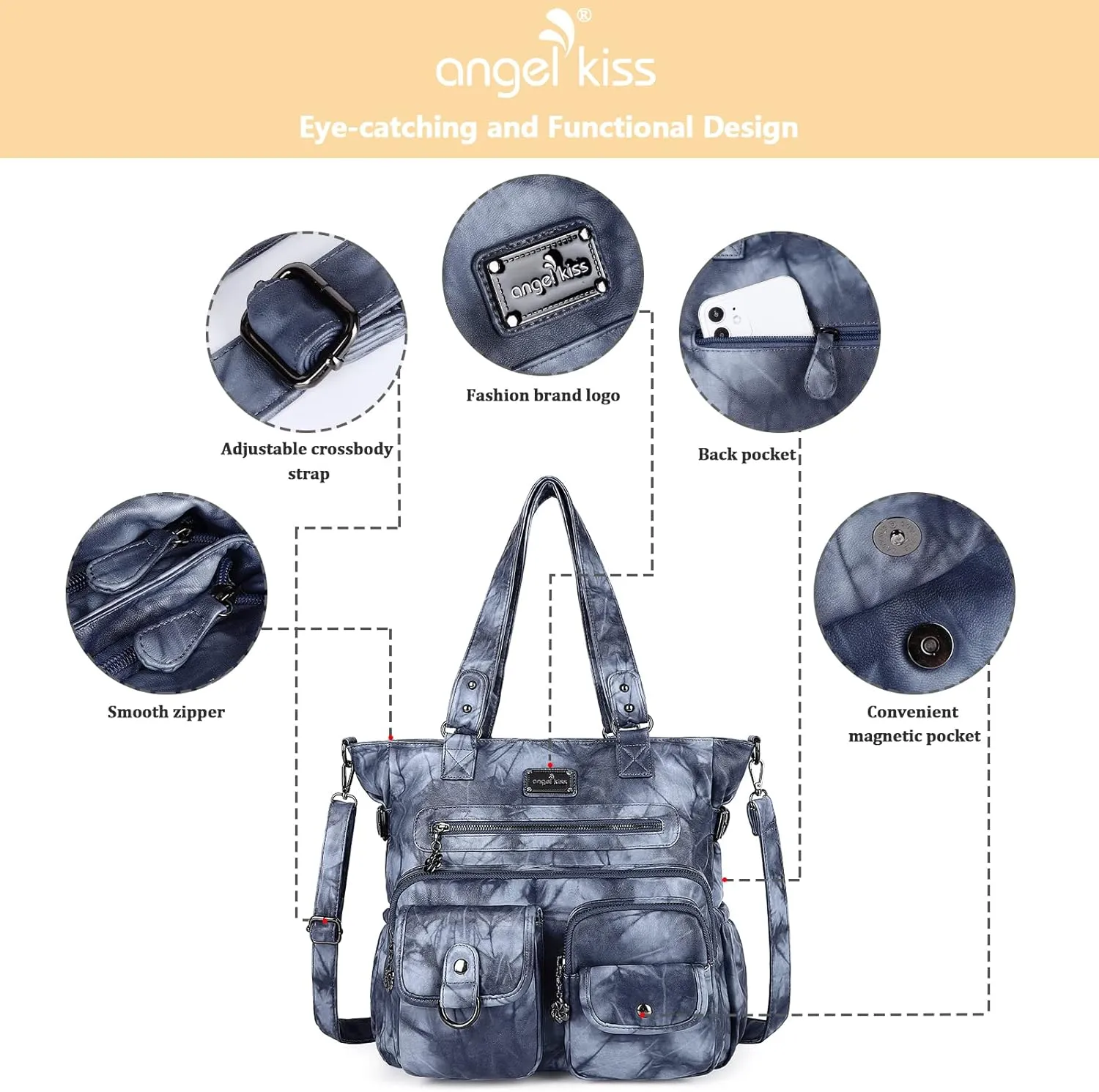 Angelkiss Purses Handbags for Women PU Tote Satchel Bags for Women Pockets Shoulder Bags…