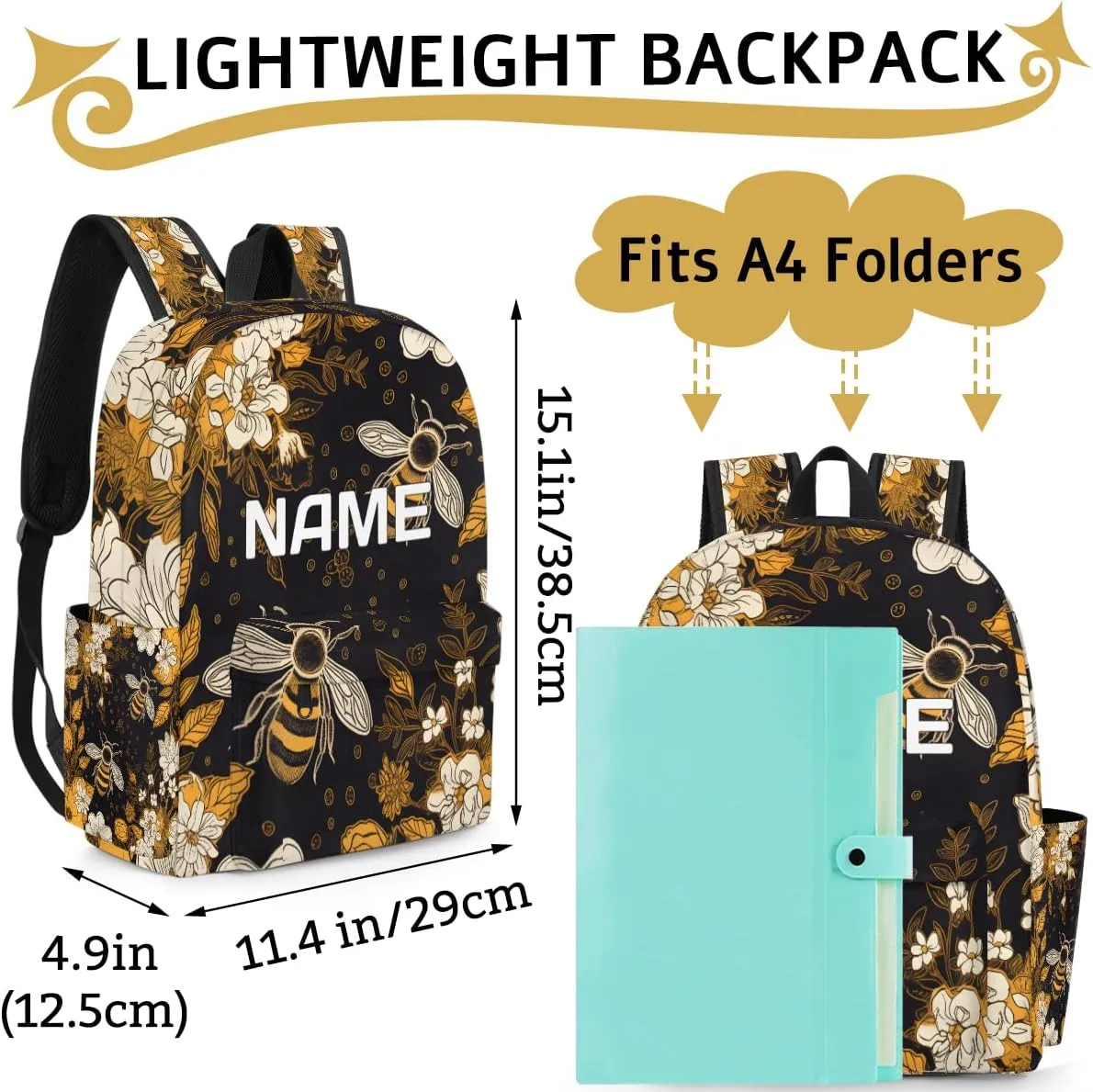 Animal Bee Customized Kids Backpack for Boys Girls Daisy Floral Personalized Preschool Toddler Backpack Kindergarten Nursery Bookbag Travel Children School Bag