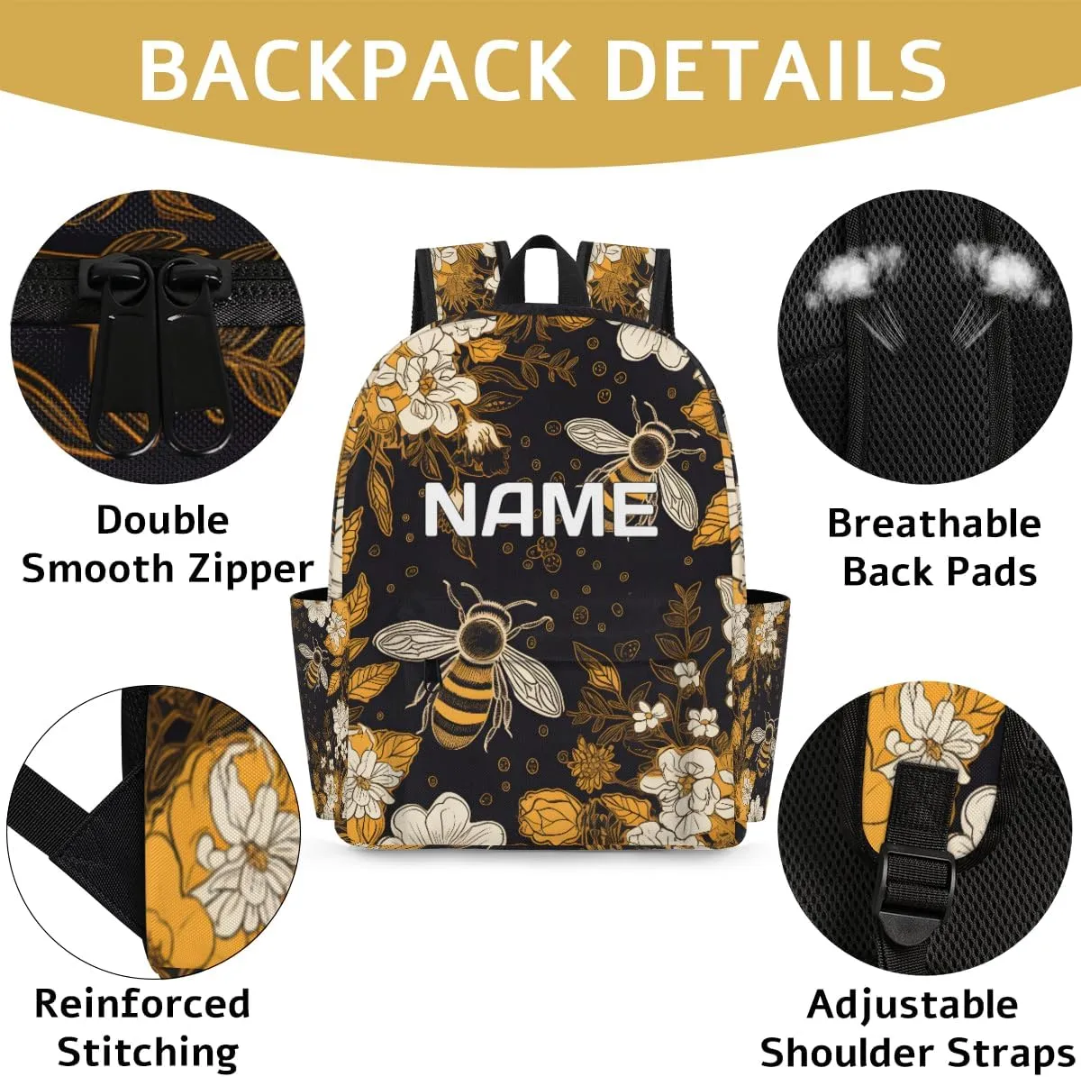 Animal Bee Customized Kids Backpack for Boys Girls Daisy Floral Personalized Preschool Toddler Backpack Kindergarten Nursery Bookbag Travel Children School Bag