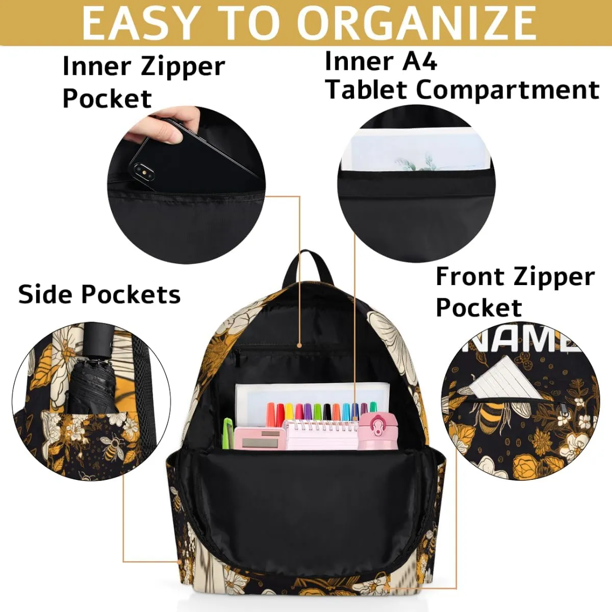 Animal Bee Customized Kids Backpack for Boys Girls Daisy Floral Personalized Preschool Toddler Backpack Kindergarten Nursery Bookbag Travel Children School Bag