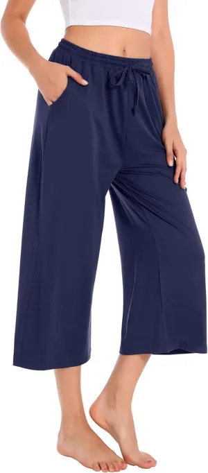 Annenmy Womens Capri Yoga Pants Wide Leg Gym Shorts Quick Dry Drawstring Pants Loose Workout Capris Sweatpants with Pockets