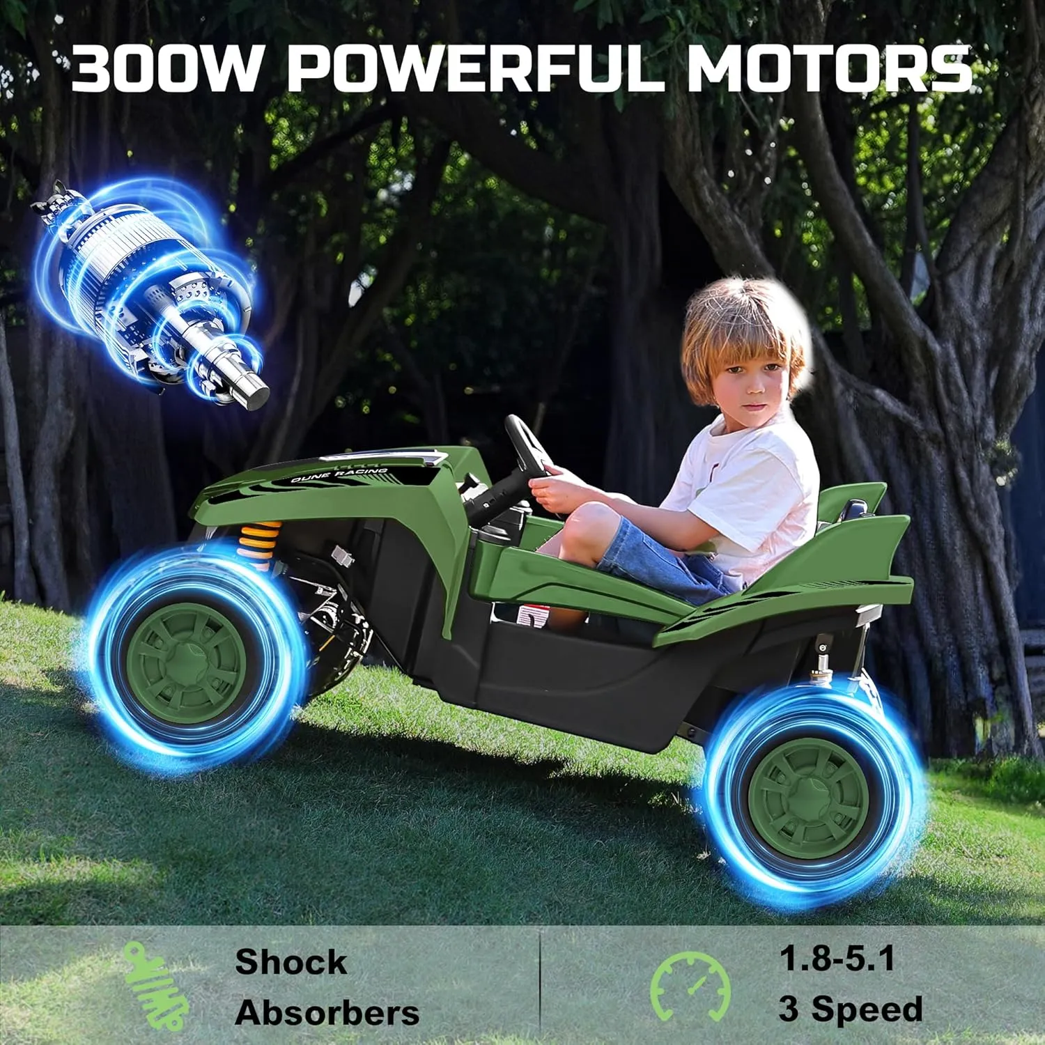 ANPABO 24V Ride on Toy for Big Kids 2 Seater, 4x200W, Max 5.1MPH, Off-Road UTV with EVA Tires, Remote Control, 4-Wheel Suspension, Bluetooth, Ideal Gift for Kids Aged 3-12(Dark Green)