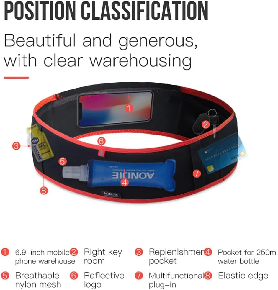 AONIJIE Running hydration belt, waist bag with 250ml soft water bottle, multifunctional suitable for trail running and mountaineering (Black and red,L/XL)