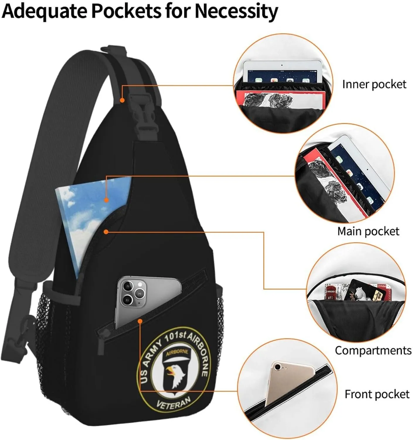 Army Veteran 101st Airborne Division Sling Backpack Shoulder Chest Bag For Men Women Hiking Travel Crossbody Daypack