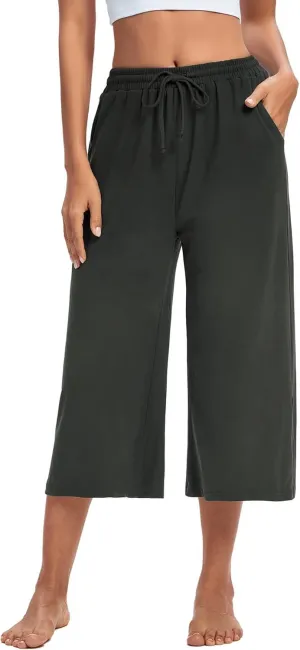 ASIMOON Womens Capri Yoga Pants Wide Leg Drawstring Lounge Pants Loose Comfy Workout Capris Sweatpants with Pockets
