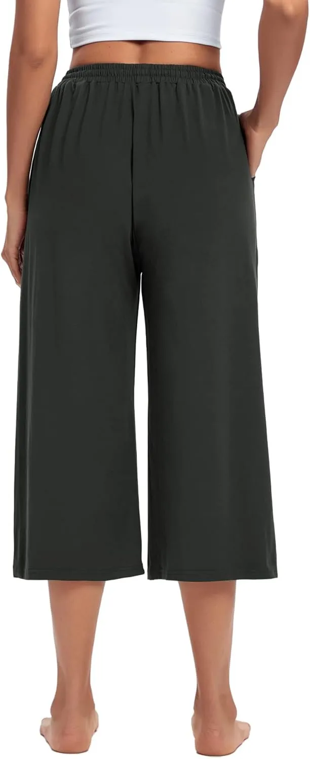 ASIMOON Womens Capri Yoga Pants Wide Leg Drawstring Lounge Pants Loose Comfy Workout Capris Sweatpants with Pockets