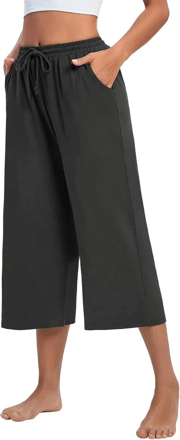 ASIMOON Womens Capri Yoga Pants Wide Leg Drawstring Lounge Pants Loose Comfy Workout Capris Sweatpants with Pockets