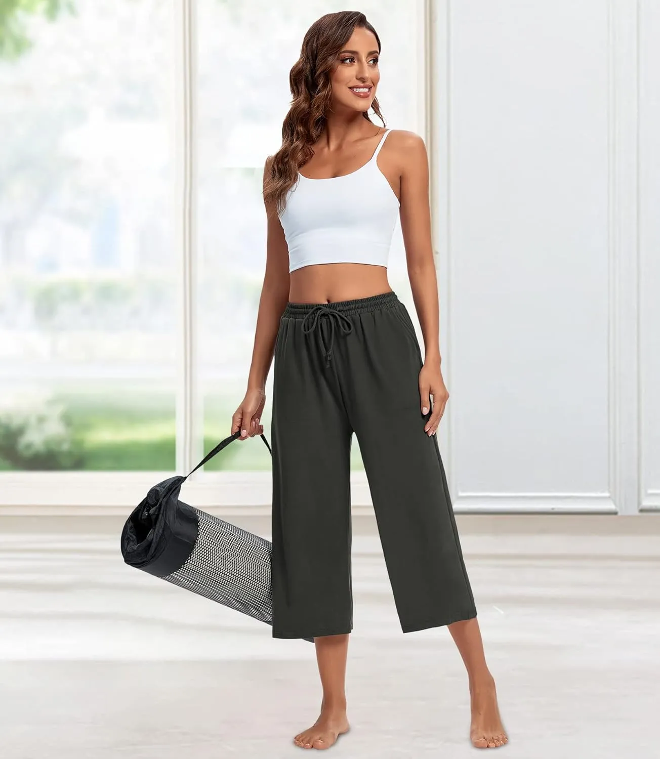 ASIMOON Womens Capri Yoga Pants Wide Leg Drawstring Lounge Pants Loose Comfy Workout Capris Sweatpants with Pockets
