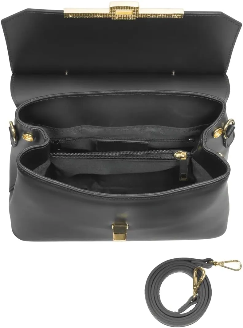 Atlanta Top Handle Satchel Bag, Genuine Leather, 10.6 x 8.7 x 4.7 inches, Gold Hardware