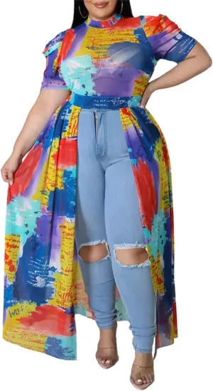 Atyfuniby Women's Plus Size High Low Tops Blouse Puff Short Sleeve Mesh See Through Maxi Tunic Shirt Dresses