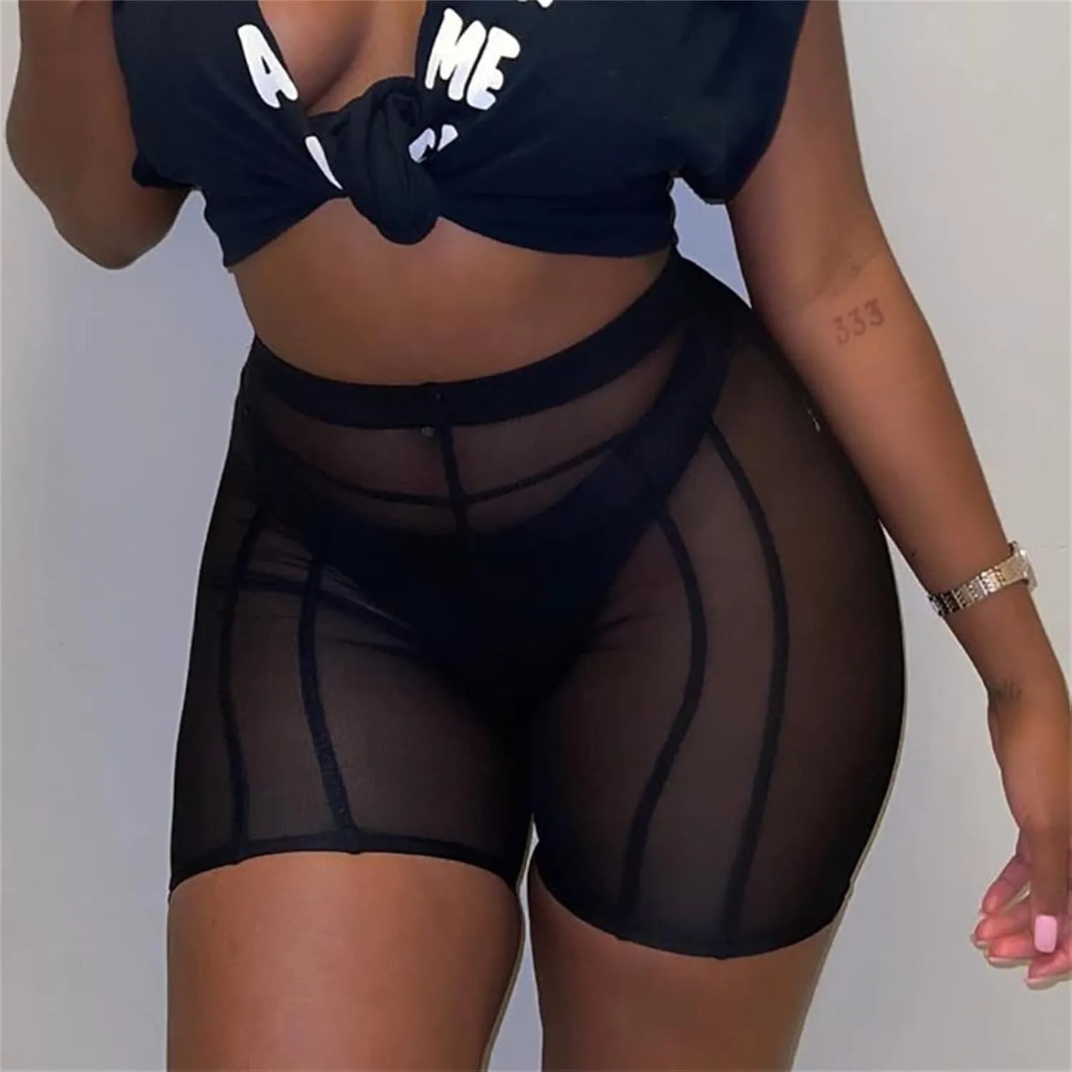 Atyfuniby Womens Sexy High Waisted Mesh See Through Skinny Shorts Leggings Club Streetwear