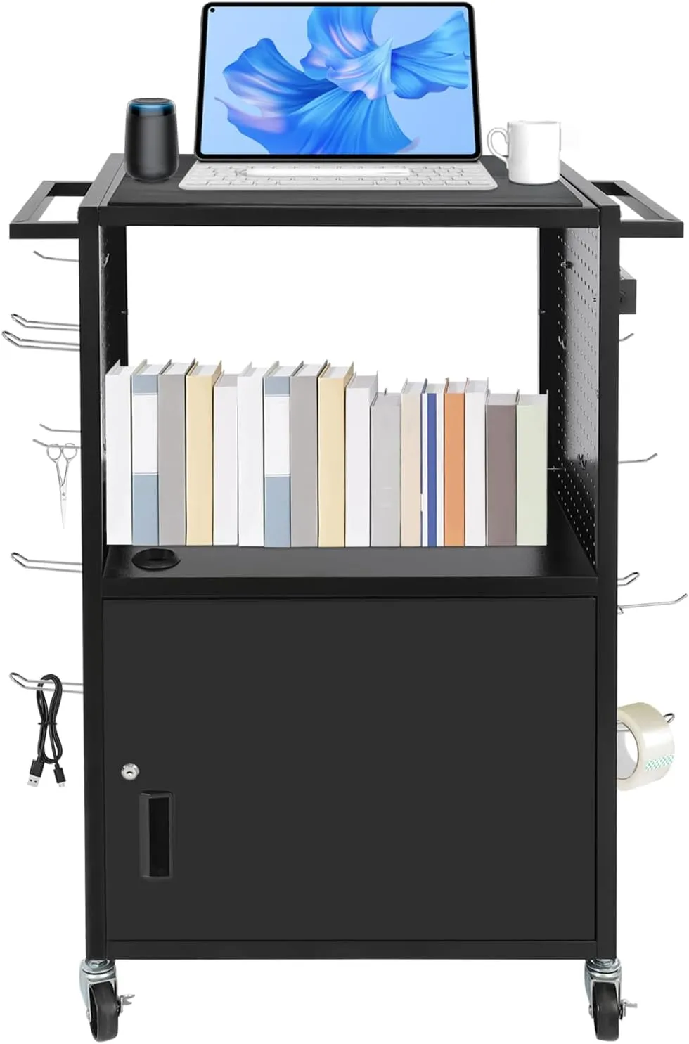 AV Cart Computer Cart 18" D x 26" W x 40" H Utility Cart Mobile Workstation with Hooks & Storage Floorstanding Computer Cart for Schools, Libraries, Classrooms