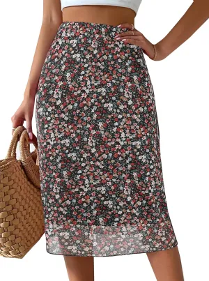 Avanova Women Mesh Knee Length Skirt High Waisted Elastic Summer Straight Midi Skirts