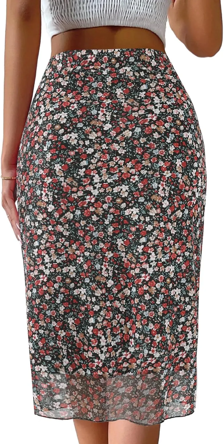 Avanova Women Mesh Knee Length Skirt High Waisted Elastic Summer Straight Midi Skirts