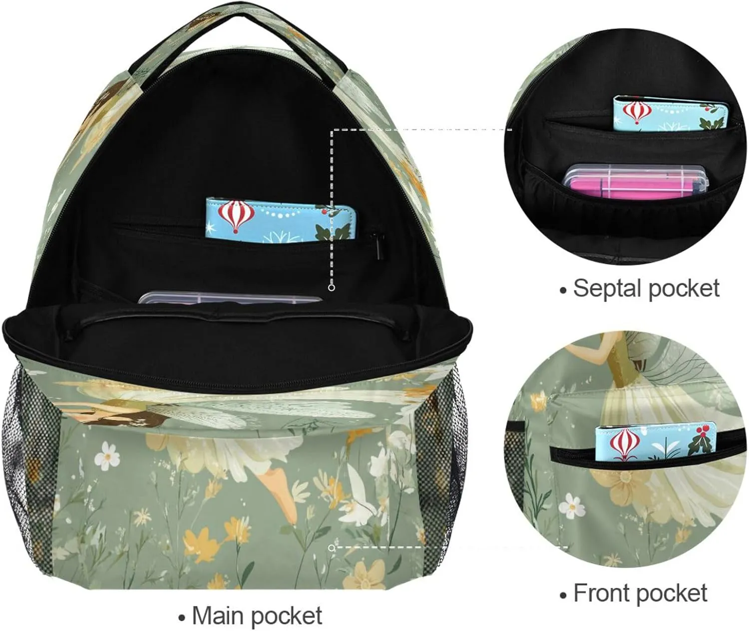 Backpack for Teens Boys Girls Fashion Stylish Travel Bags with Chest Strap Gift Men & Women Cartoon Sweet Fairy Sage Green