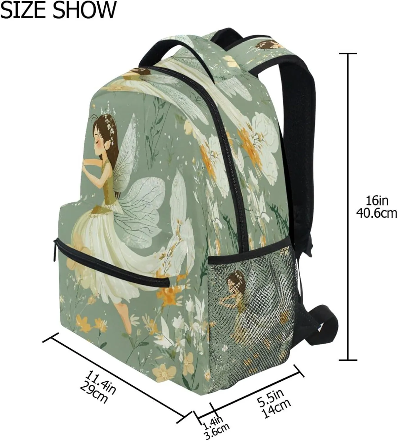 Backpack for Teens Boys Girls Fashion Stylish Travel Bags with Chest Strap Gift Men & Women Cartoon Sweet Fairy Sage Green